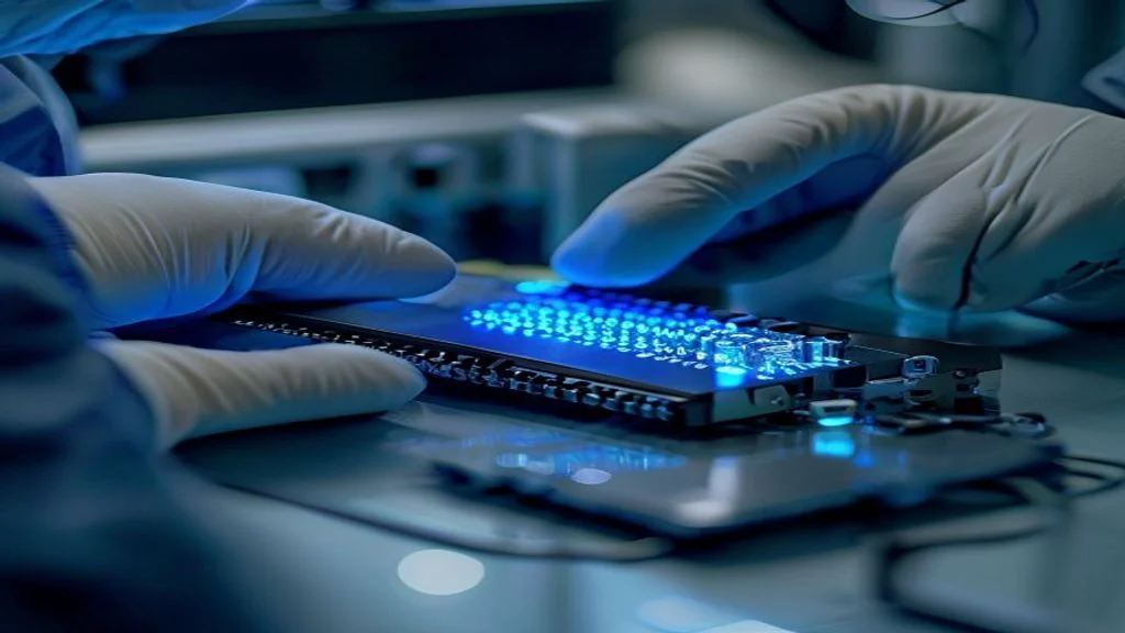 筆電收購 - a technician in a sterile, modern lab environment wearing gl