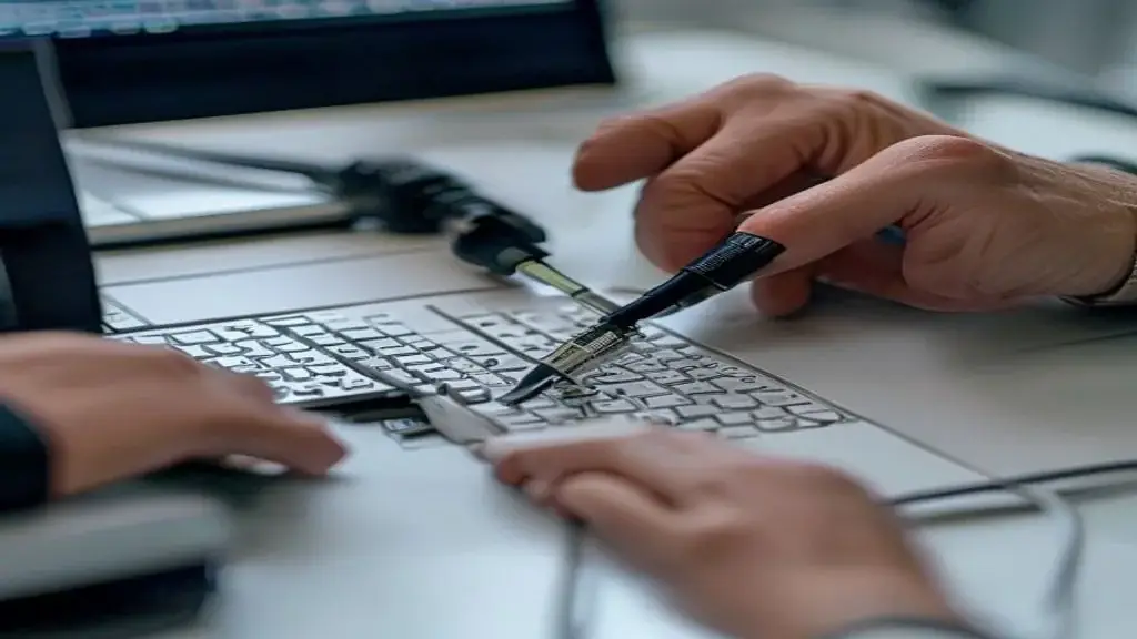 二手筆電 - a technician's hands methodically testing each I/O port on a
